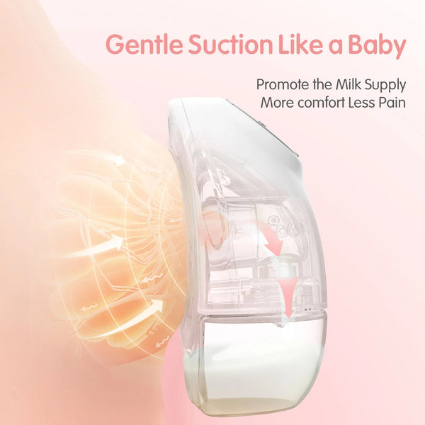 Transparent breast milk pump or suction device shown on a soft pink background with promotional text reading 'Gentle Suction Like a Baby' and 'Promote the Milk Supply More comfort Less Pain.'.